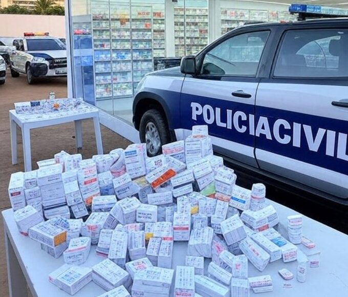 Fachada de farmácia em Brasília com viaturas policiais, representando prisão por venda irregular de anabolizantes e medicamentos controlados.