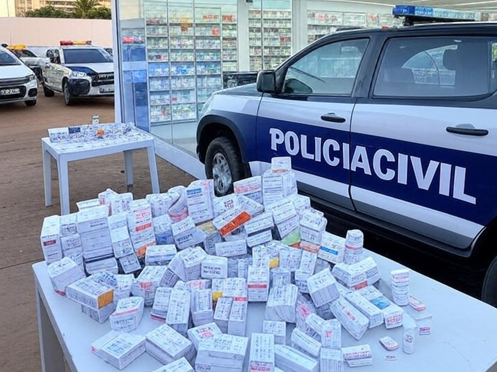 Fachada de farmácia em Brasília com viaturas policiais, representando prisão por venda irregular de anabolizantes e medicamentos controlados.