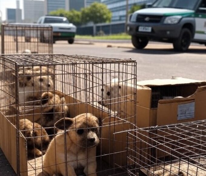 Cena de resgate de filhotes em Brasília, com viatura da Polícia Civil e gaiolas de animais, destacando falhas na proteção animal.