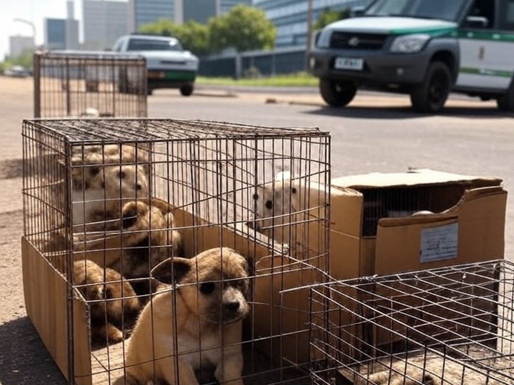 Cena de resgate de filhotes em Brasília, com viatura da Polícia Civil e gaiolas de animais, destacando falhas na proteção animal.