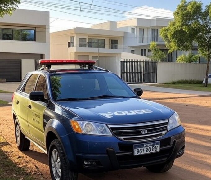 Viatura da polícia em rua do Lago Norte, Brasília, destacando falhas na segurança local após furto de cão Pomerânia.