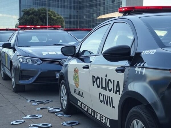 Operação da Polícia Civil do DF contra extorsão, viaturas e itens falsos em rua de Brasília.