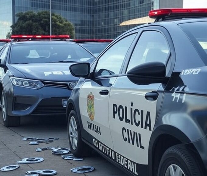 Operação da Polícia Civil do DF contra extorsão, viaturas e itens falsos em rua de Brasília.
