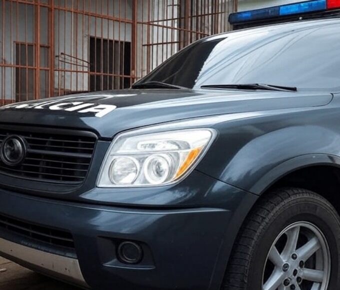 Viatura da polícia em frente a casa precária em Samambaia, representando caso de maus-tratos a cães.