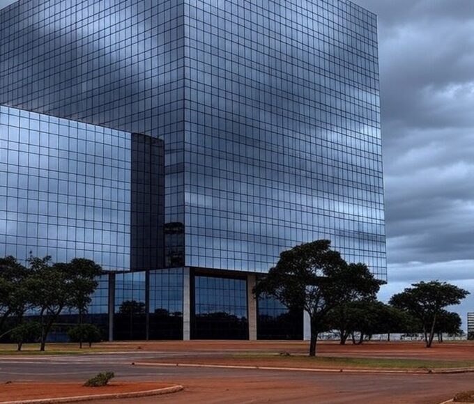 Edifício da Caesb em Brasília com papéis espalhados no chão, ilustrando frustração em resultados de concurso.