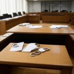 Sala de audiência de custódia vazia em tribunal de Brasília, com algemas e documentos, representando eficiência da Polícia Civil do DF e violações de direitos humanos.