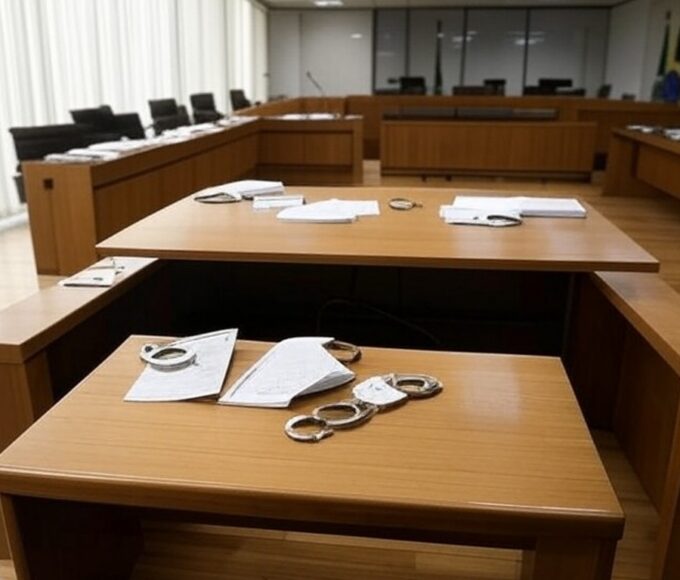 Sala de audiência de custódia vazia em tribunal de Brasília, com algemas e documentos, representando eficiência da Polícia Civil do DF e violações de direitos humanos.