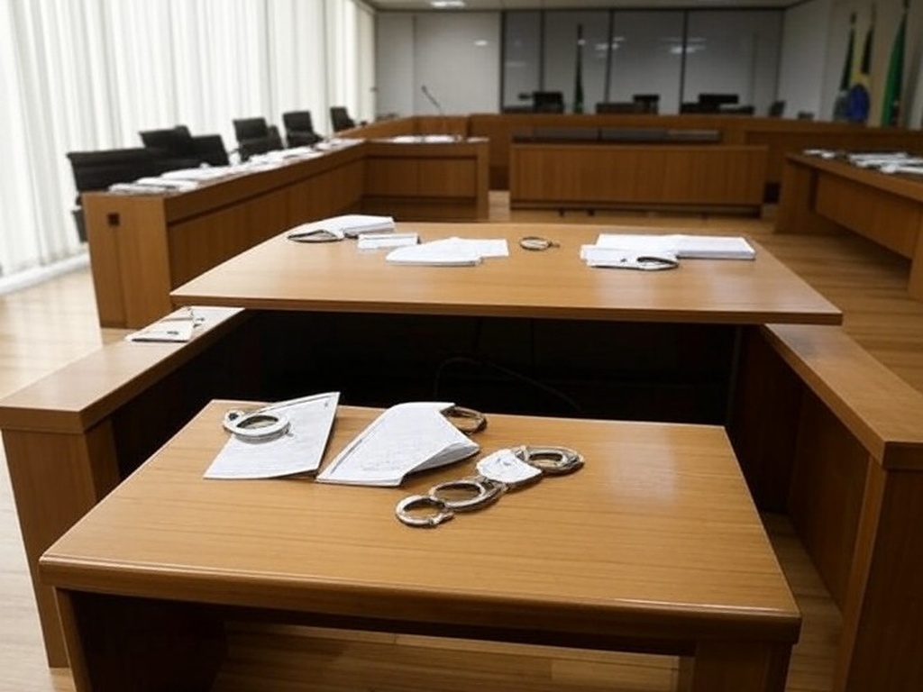 Sala de audiência de custódia vazia em tribunal de Brasília, com algemas e documentos, representando eficiência da Polícia Civil do DF e violações de direitos humanos.