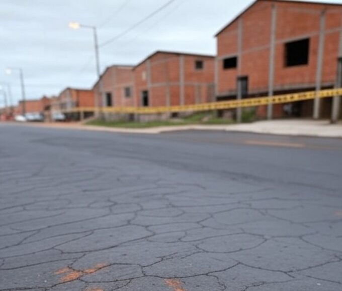 Rua em Ceilândia com marcas de arrasto no asfalto e fita policial, representando cena de agressão e fuga de agressor.