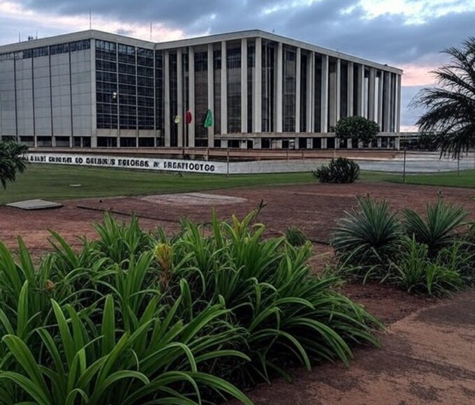 Edifício do TJDFT em Brasília com bandeiras a meio mastro, representando luto pela morte do desembargador Maurício Miranda.