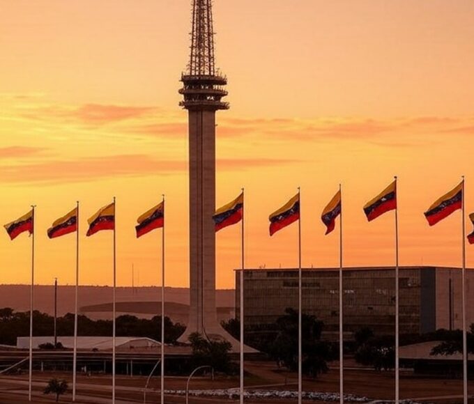 Torre de TV em Brasília com bandeiras venezuelanas ao fundo, representando celebração de exilados pela prisão de Maduro.