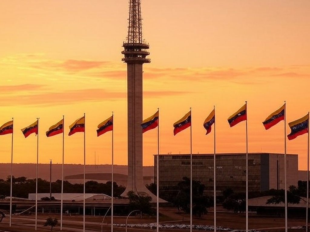 Torre de TV em Brasília com bandeiras venezuelanas ao fundo, representando celebração de exilados pela prisão de Maduro.