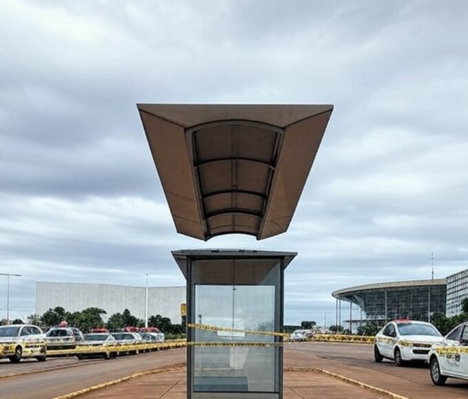 Parada de ônibus isolada com fita policial em Brasília, DF, cena de investigação sem pessoas.