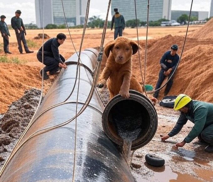 Equipamentos de resgate dos bombeiros do Distrito Federal ao redor de tubulação subterrânea, com filhote de cachorro sendo extraído em Brasília.