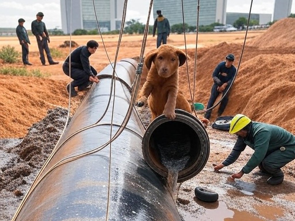 Equipamentos de resgate dos bombeiros do Distrito Federal ao redor de tubulação subterrânea, com filhote de cachorro sendo extraído em Brasília.
