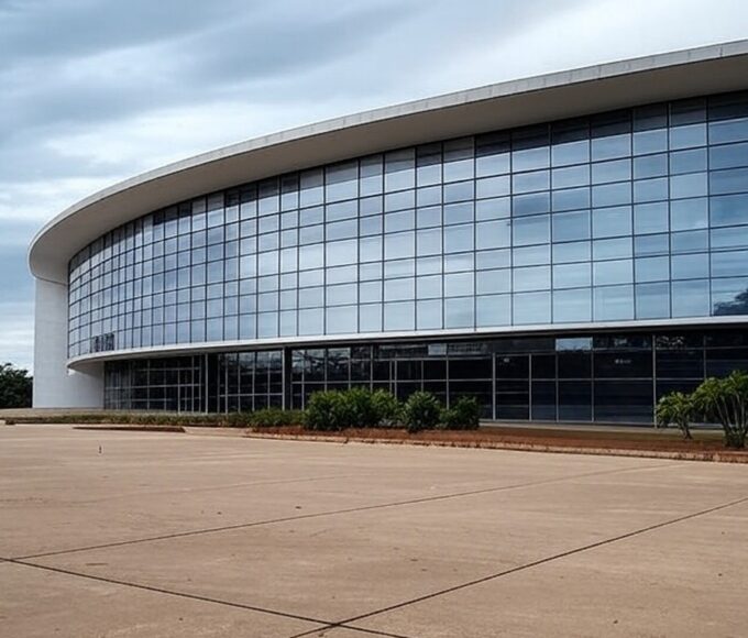 Escritório governamental vazio em Brasília com calendários de folgas de aniversário e pilhas de documentos, representando sobrecarga orçamentária e ameaça à produtividade.