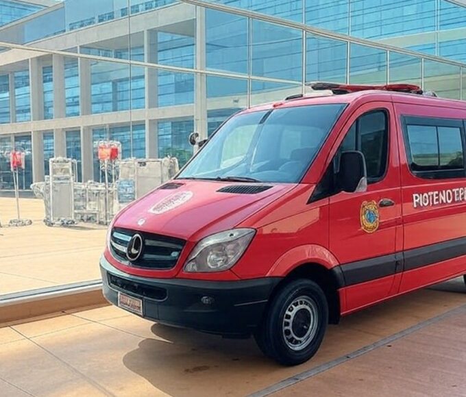 Veículo dos bombeiros do DF em frente a centro de doação de sangue em Brasília, apelando por doações urgentes.