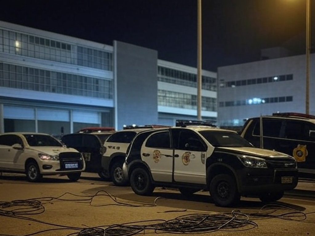 Viaturas da Polícia do DF em rua de Brasília com cabos furtados e equipamentos de mineração ilegal de criptoativos.