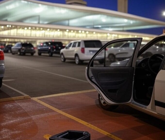Aeroporto de Brasília com veículos estacionados e tornozeleira eletrônica quebrada, expondo falhas no monitoramento de furtos.