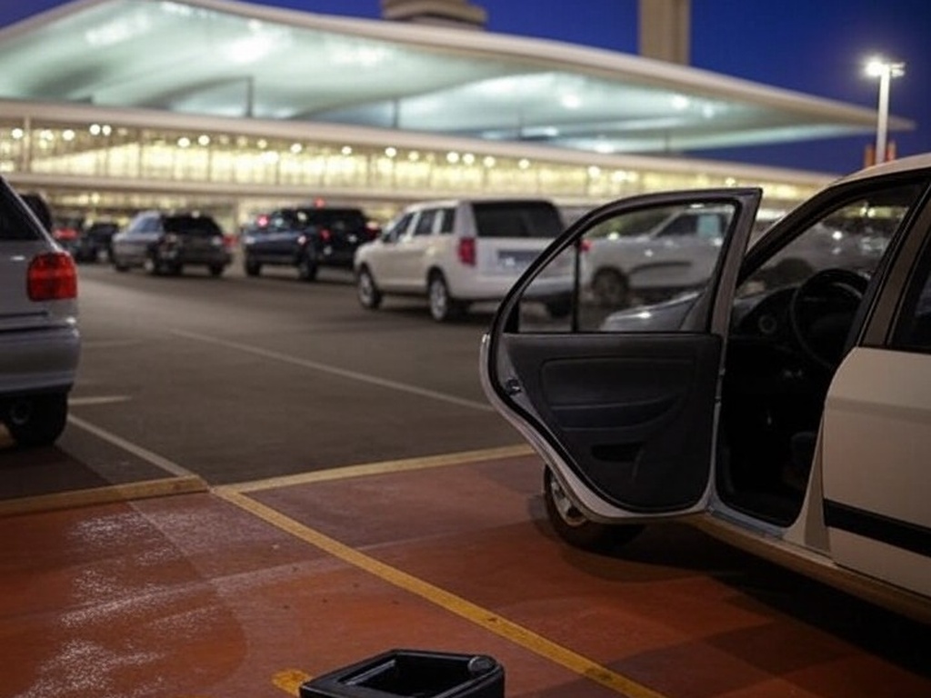 Aeroporto de Brasília com veículos estacionados e tornozeleira eletrônica quebrada, expondo falhas no monitoramento de furtos.
