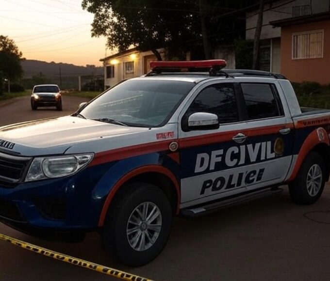 Viatura da Polícia Civil do DF em cena de investigação de emboscada em rua de São Sebastião.