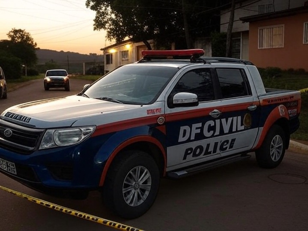 Viatura da Polícia Civil do DF em cena de investigação de emboscada em rua de São Sebastião.