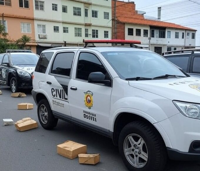Viaturas da PCDF em rua de Ceilândia durante operação contra tráfico de drogas, expondo falhas no combate ao crime.