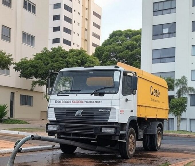Rua na Asa Norte, Brasília, com equipamentos de manutenção de água da Caesb, ilustrando interrupção no fornecimento.