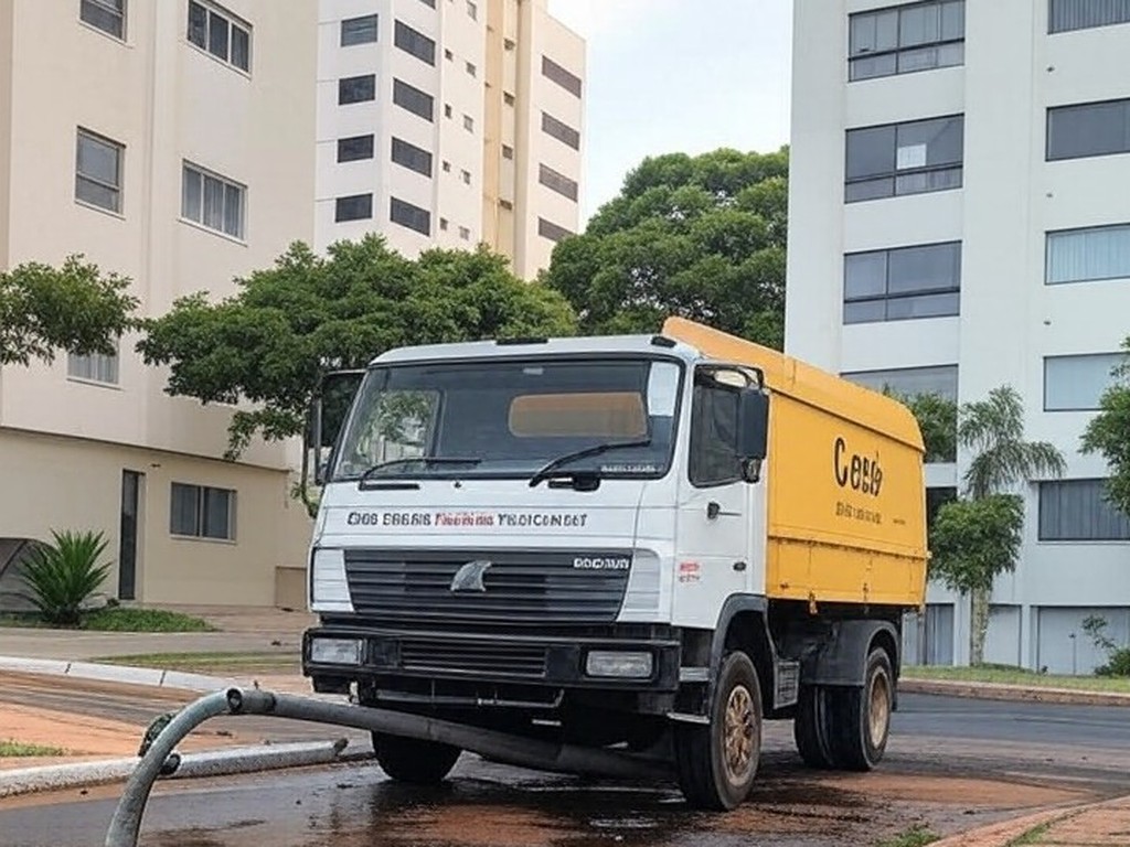 Rua na Asa Norte, Brasília, com equipamentos de manutenção de água da Caesb, ilustrando interrupção no fornecimento.