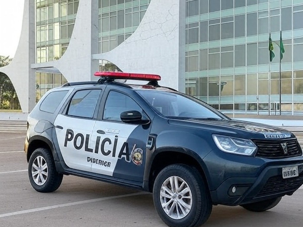 Viatura da Polícia do DF em frente a abrigo em Brasília, expondo falhas no sistema de proteção a adolescentes.