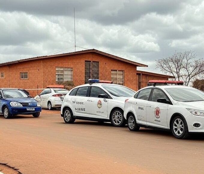 Viaturas da polícia em operação contra tráfico em rua de Sobradinho II, Brasília, revelando falhas no combate ao narcotráfico.