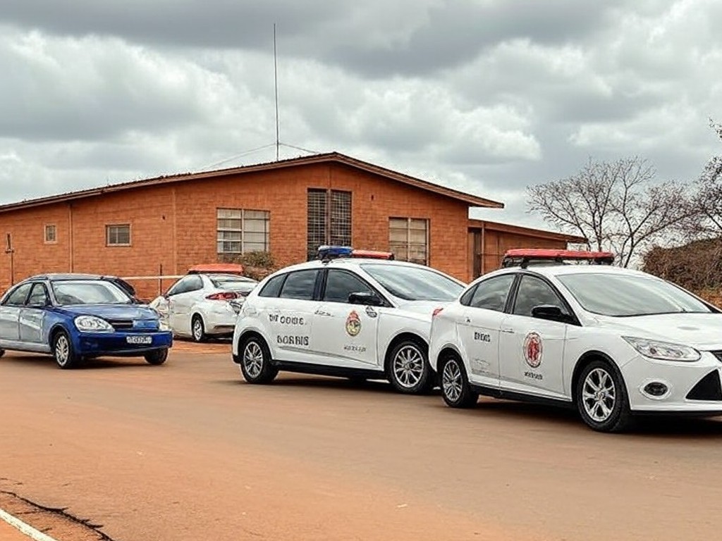 Viaturas da polícia em operação contra tráfico em rua de Sobradinho II, Brasília, revelando falhas no combate ao narcotráfico.