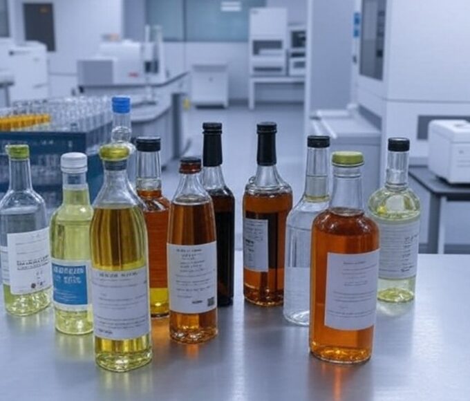 Laboratório da Polícia Civil do DF analisando bebidas com metanol, destacando falhas na fiscalização.