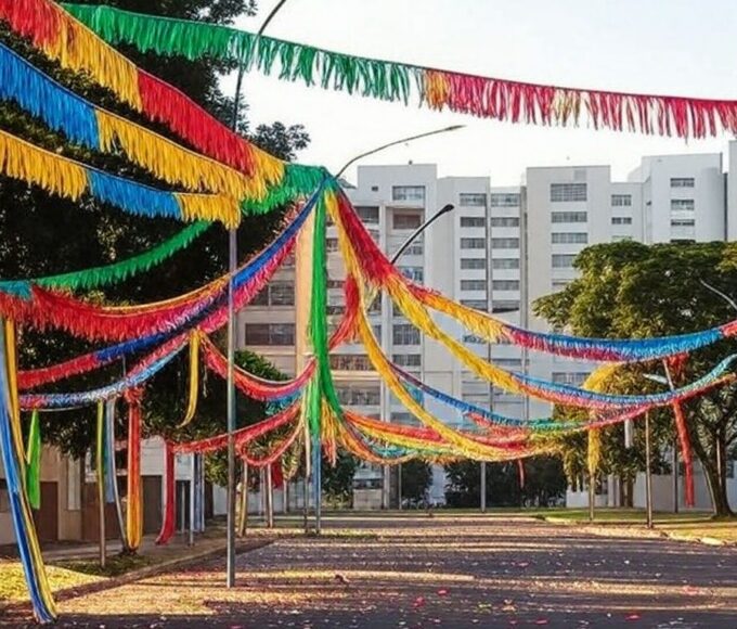 Rua na Asa Norte de Brasília com decorações de carnaval, confetes e bandeiras coloridas, em clima festivo familiar.