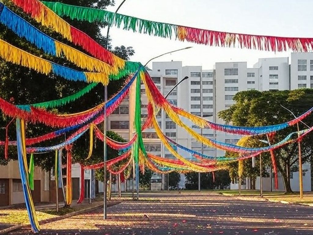 Rua na Asa Norte de Brasília com decorações de carnaval, confetes e bandeiras coloridas, em clima festivo familiar.