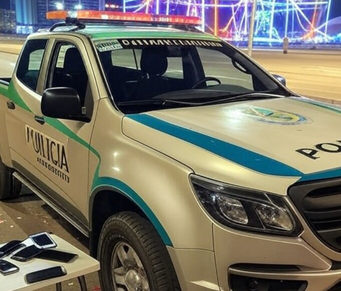 Viaturas policiais em rua de Brasília no Carnaval, com confetes e sacola de celulares furtados, cena de prisão familiar.