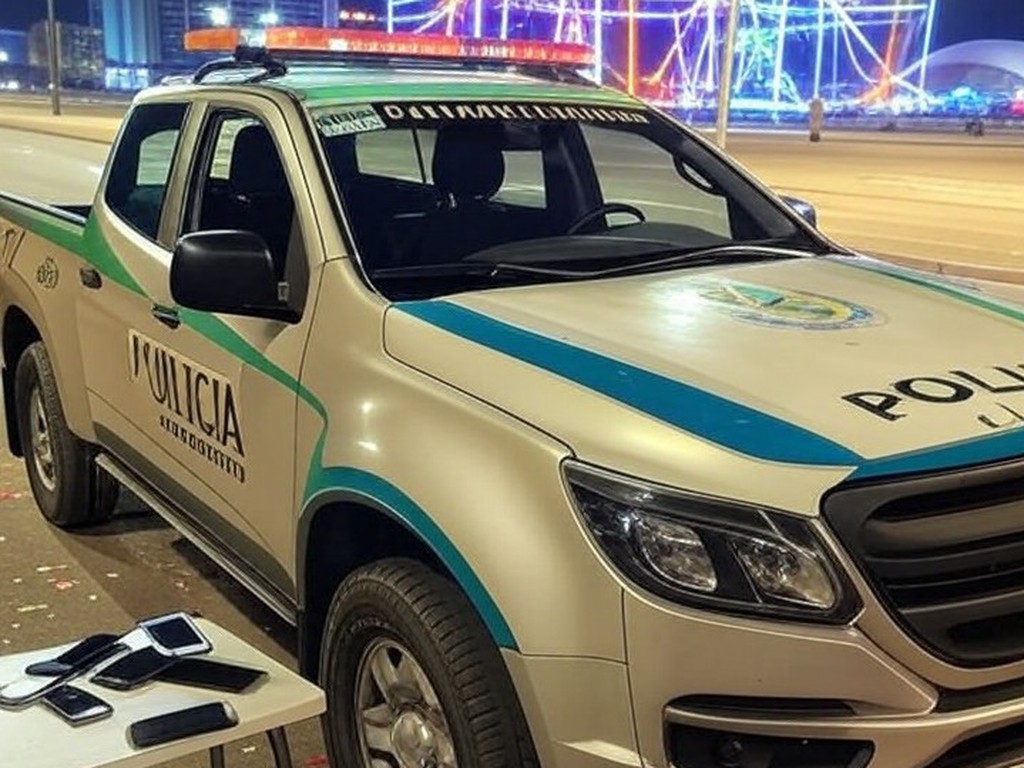 Viaturas policiais em rua de Brasília no Carnaval, com confetes e sacola de celulares furtados, cena de prisão familiar.
