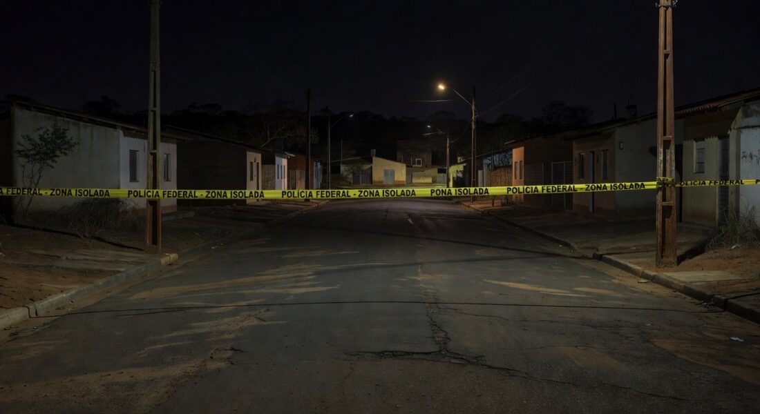 Rua em Sobradinho com fita de isolamento policial e viatura, representando cena de briga fatal no DF.