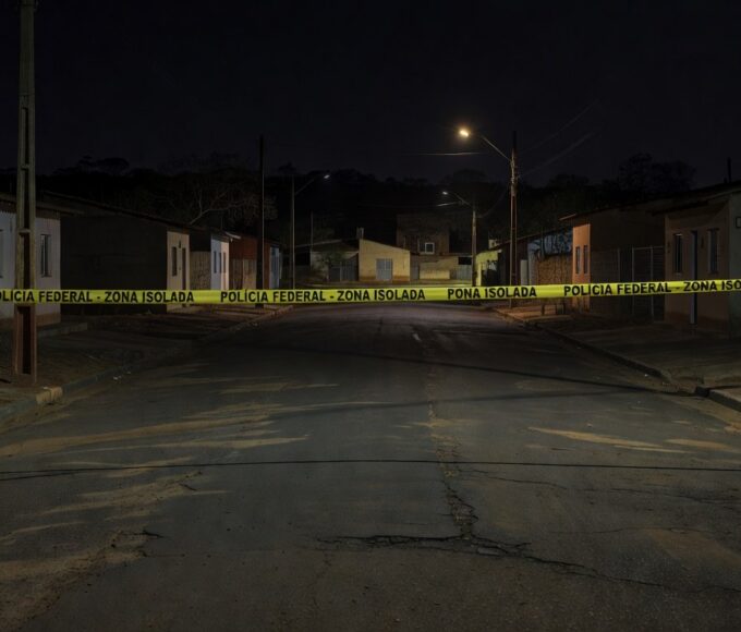 Rua em Sobradinho com fita de isolamento policial e viatura, representando cena de briga fatal no DF.