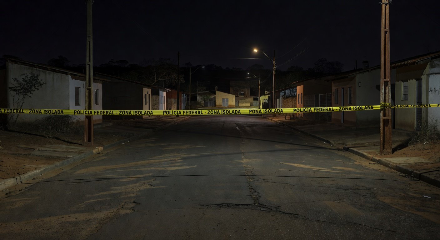 Rua em Sobradinho com fita de isolamento policial e viatura, representando cena de briga fatal no DF.