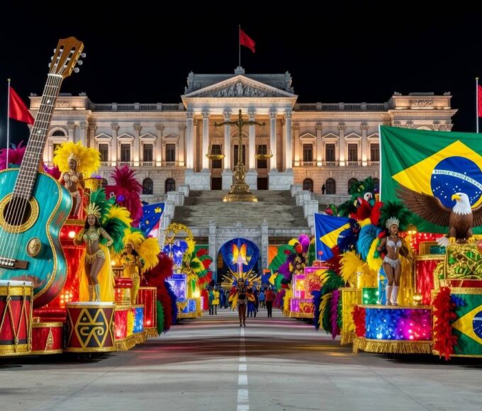 Avenida de desfile de samba no carnaval brasileiro com alegorias coloridas e elementos culturais, sem pessoas.