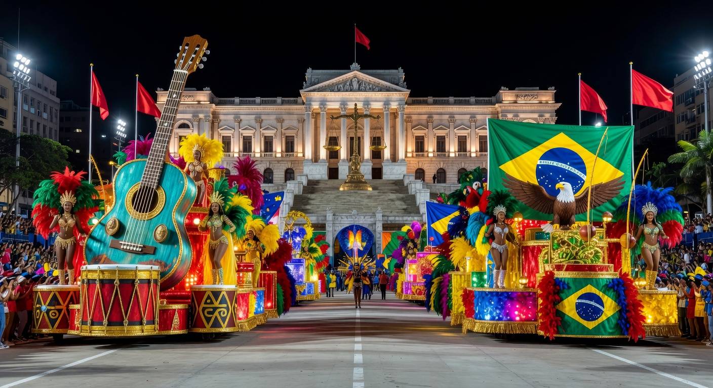 Avenida de desfile de samba no carnaval brasileiro com alegorias coloridas e elementos culturais, sem pessoas.