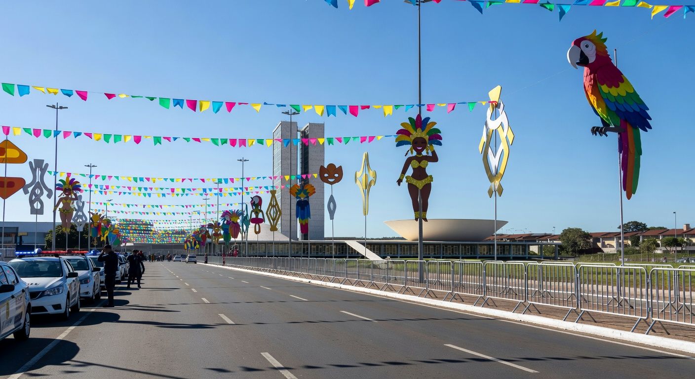 Viaturas da Polícia Militar reforçando segurança em rua de Brasília para eventos de Carnaval no DF.