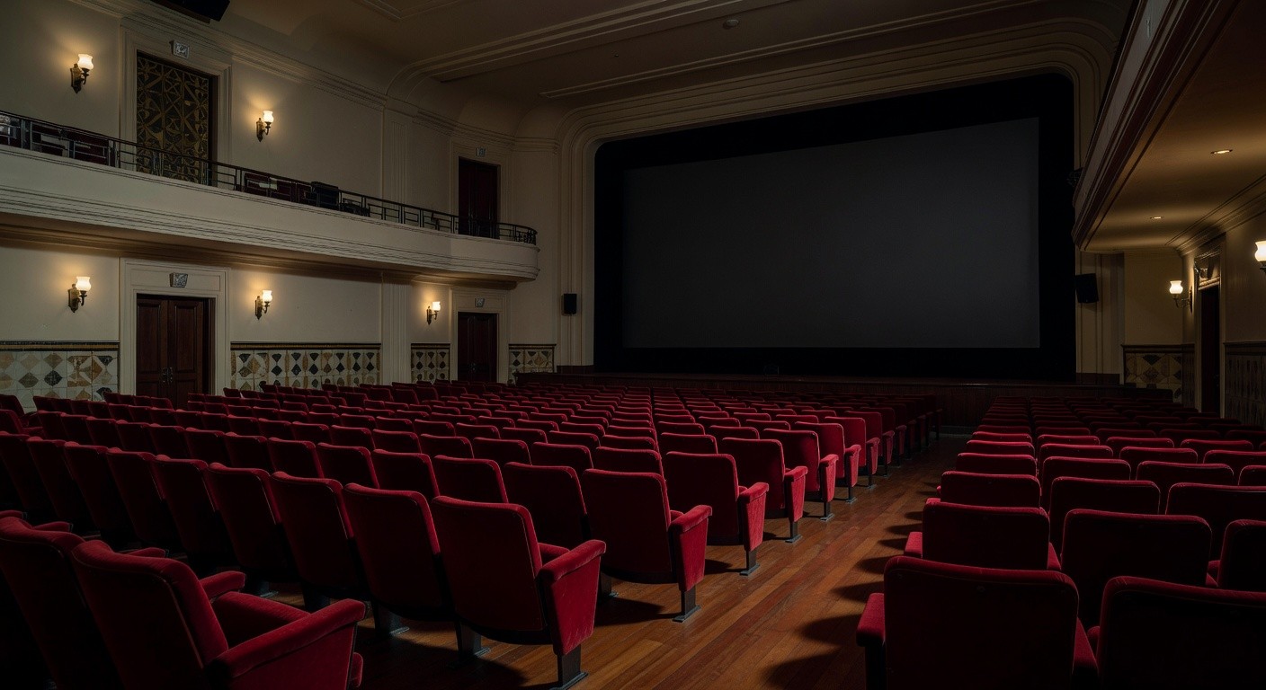 Cinema antigo em São Paulo com luzes fracas em luto pela morte de Robert Duvall, astro de O Poderoso Chefão.