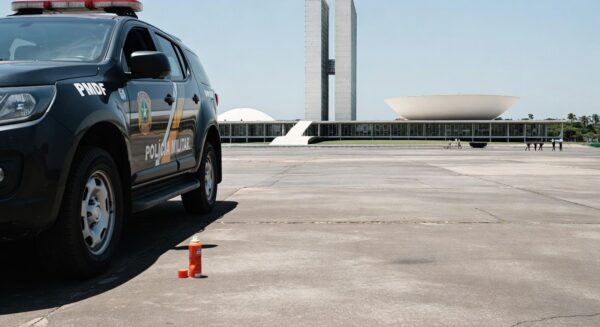 Viatura da PMDF na Esplanada dos Ministérios em Brasília com lata de spray de pimenta no chão, ilustrando incidente com deputado.