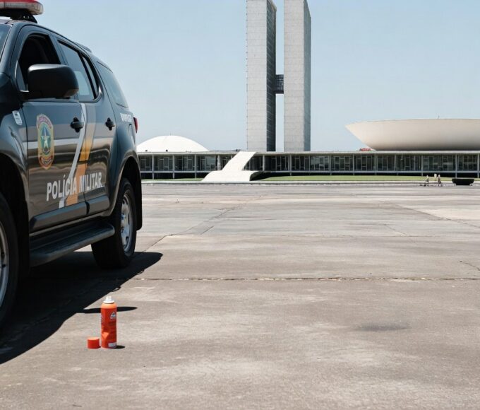 Viatura da PMDF na Esplanada dos Ministérios em Brasília com lata de spray de pimenta no chão, ilustrando incidente com deputado.
