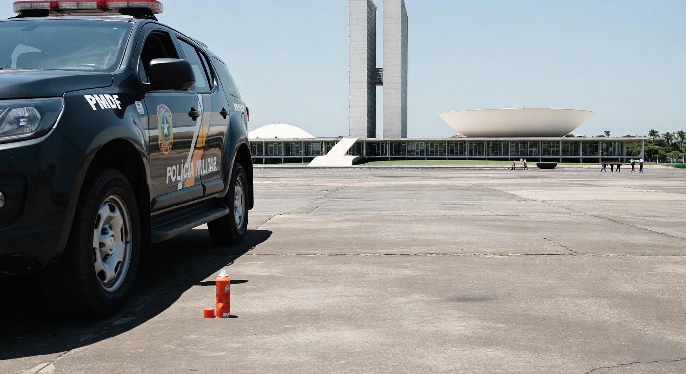 Viatura da PMDF na Esplanada dos Ministérios em Brasília com lata de spray de pimenta no chão, ilustrando incidente com deputado.
