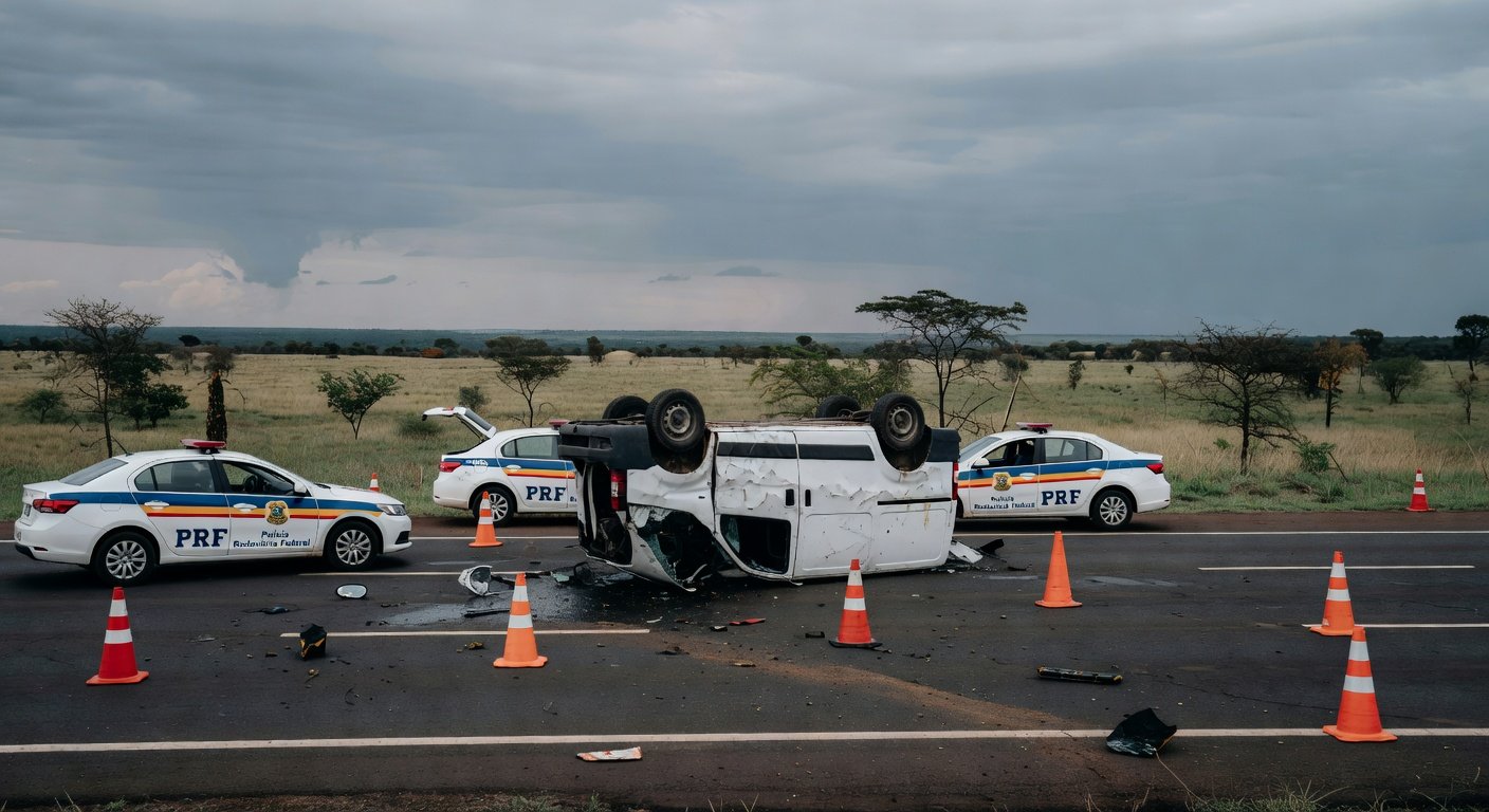 Acidente com van clandestina na BR-020 em Planaltina, mostrando veículo tombado e veículos de emergência, sem pessoas.