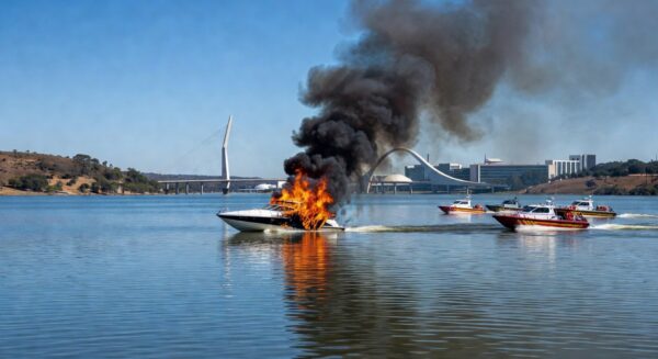 Lancha em chamas no Lago Paranoá, Brasília, com fumaça e reflexos na água.