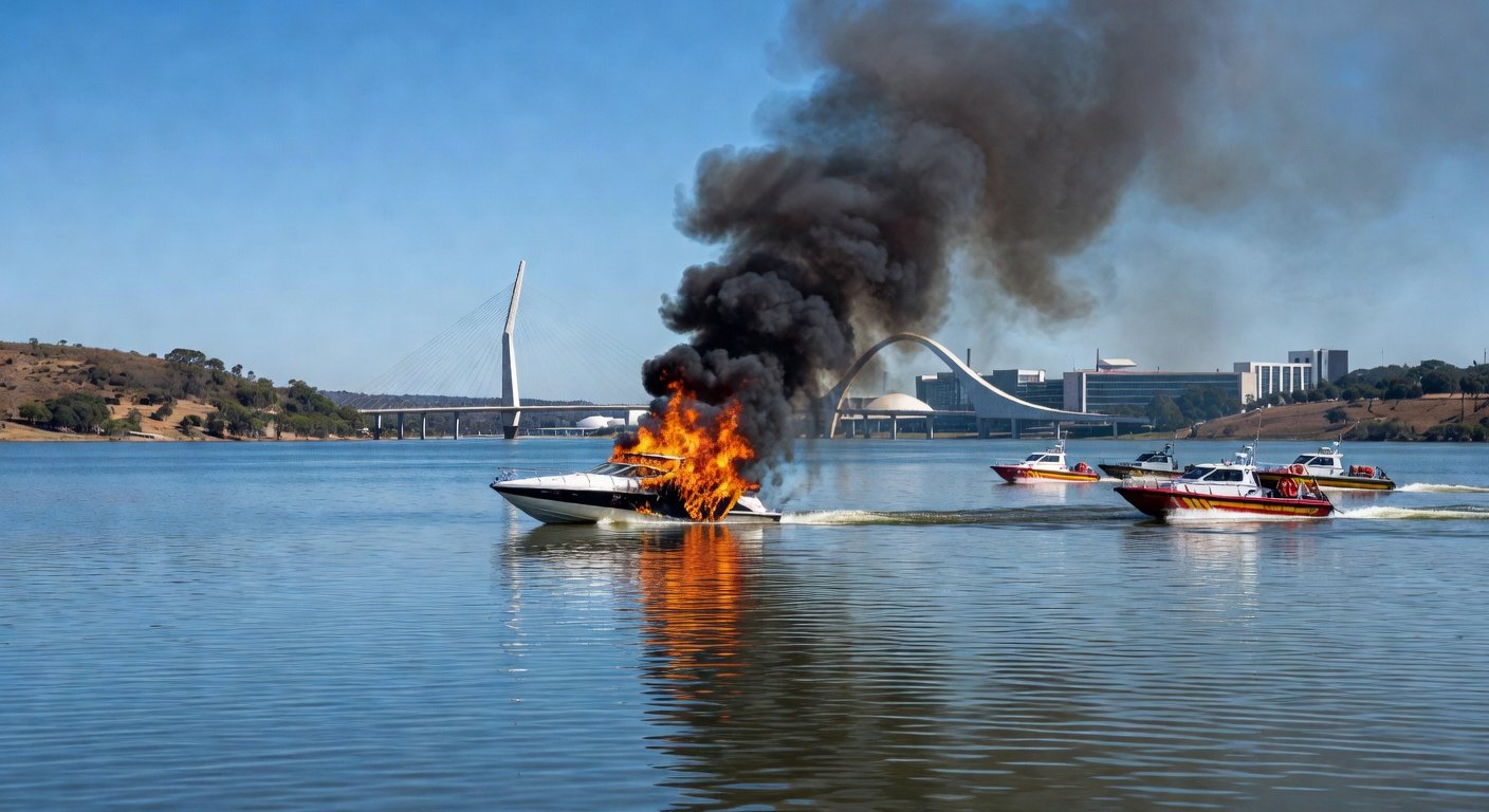 Lancha em chamas no Lago Paranoá, Brasília, com fumaça e reflexos na água.